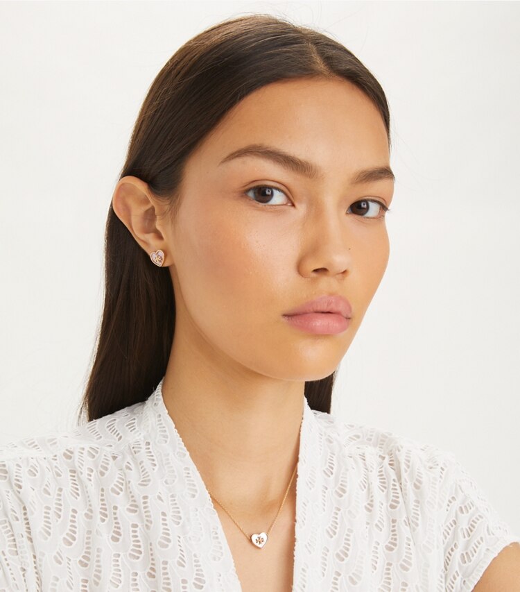 Tory Burch designer necklaces Kira Heart Pendant Necklace in Tory Gold / Pink accessory on model
