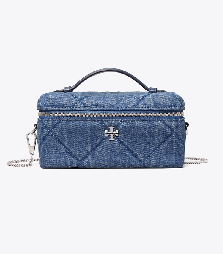 Tory Burch designer kleine taschen Kira Kosmetiktasche aus Denim mit Rautensteppung in Blue front