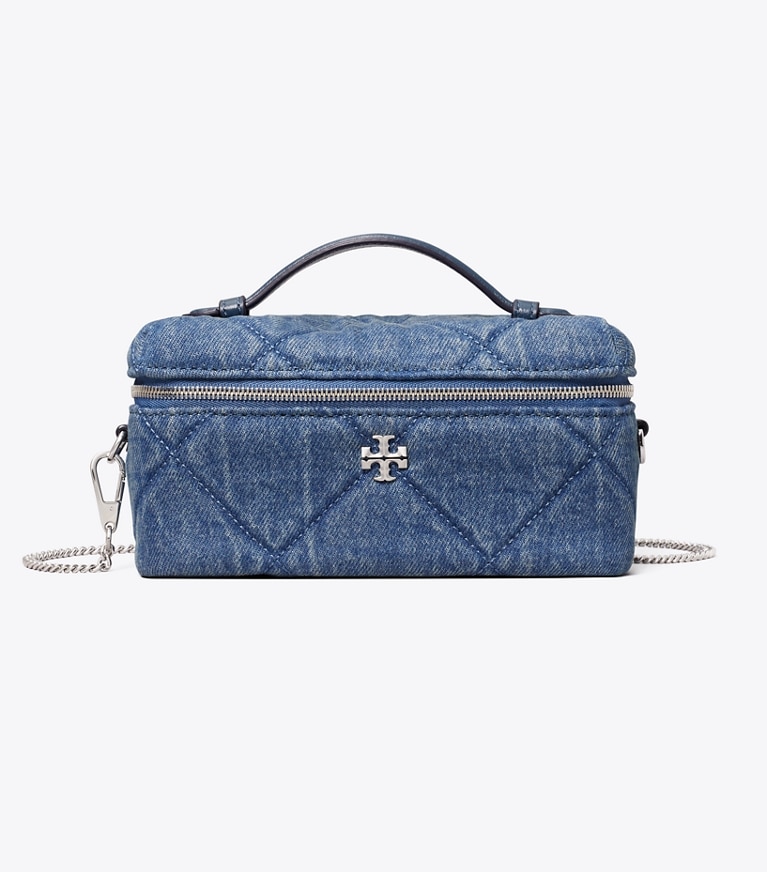 Tory Burch designer kleine taschen Kira Kosmetiktasche aus Denim mit Rautensteppung in Blue front