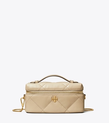Tory Burch designer crossbody bags Kira Kosmetiktasche im Querformat mit Rautensteppung in Light Stone front