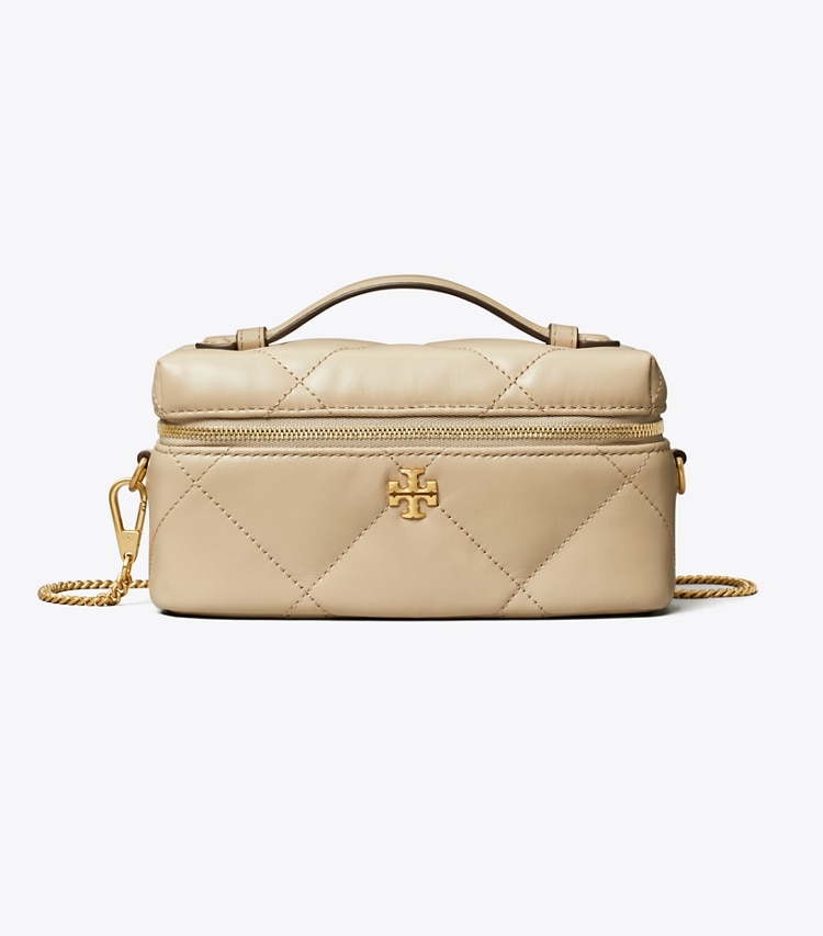 Tory Burch designer kleine taschen Kira Kosmetiktasche im Querformat mit Rautensteppung in Light Stone front