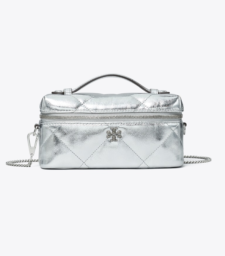 Tory Burch designer kleine taschen Kira Kosmetiktasche in Metallic mit Rautensteppung in Silver angle
