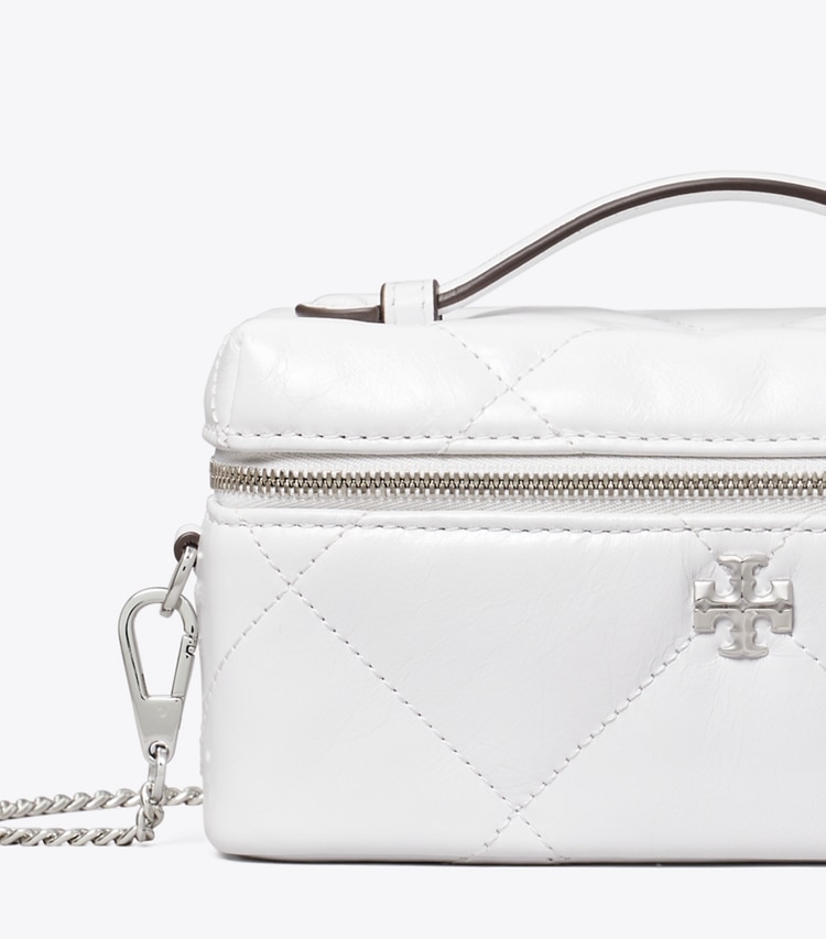 Tory Burch designer kleine taschen Kira Kosmetiktasche in Vintage-Optik mit Rautensteppung in Cirrus Cloud detail