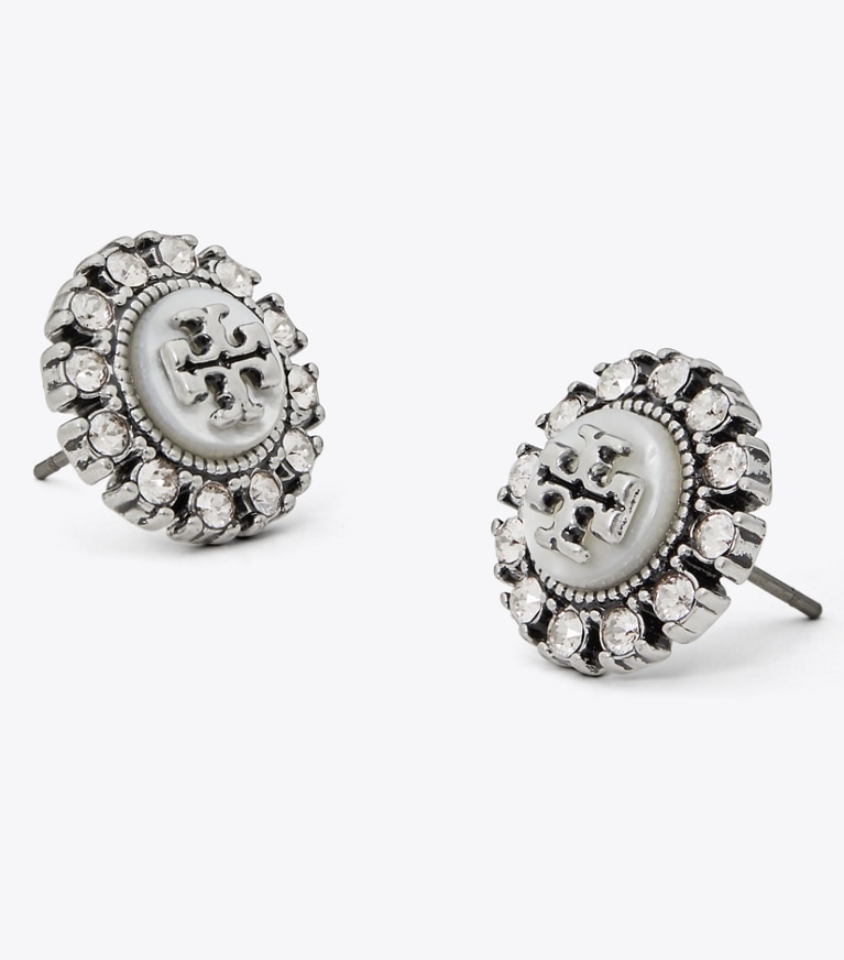 Tory Burch designer ohrringe Kira Kristallohrstecker in Antique Pewter / MOP / Crystal front