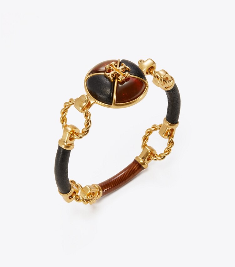 Tory Burch designer bracelets Kira Leather Bracelet in Rolled Brass / Tortoise / Black detail