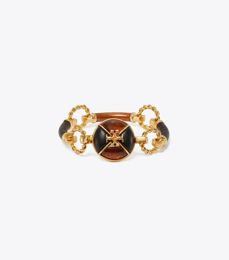 Tory Burch designer bracelets Kira Leather Bracelet in Rolled Brass / Tortoise / Black front