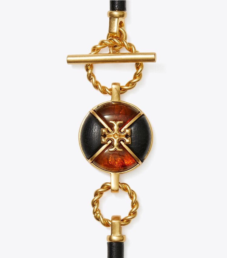 Tory Burch designer necklaces Kira Leather Long Necklace in Rolled Brass / Black / Moose detail