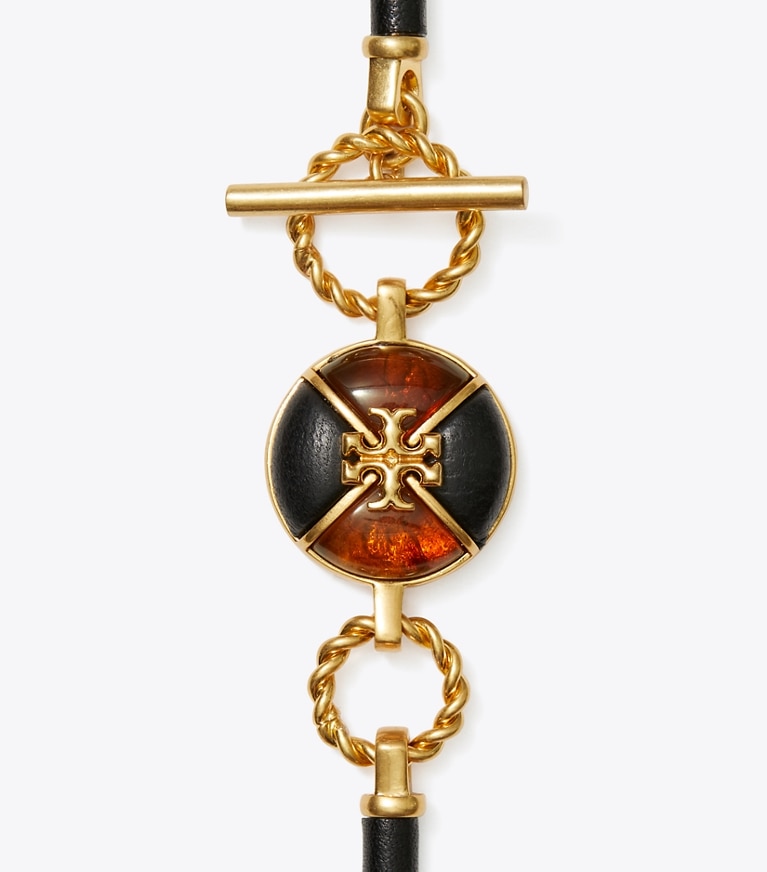 Tory Burch designer necklaces Kira Leather Long Necklace in Rolled Brass / Black / Moose front