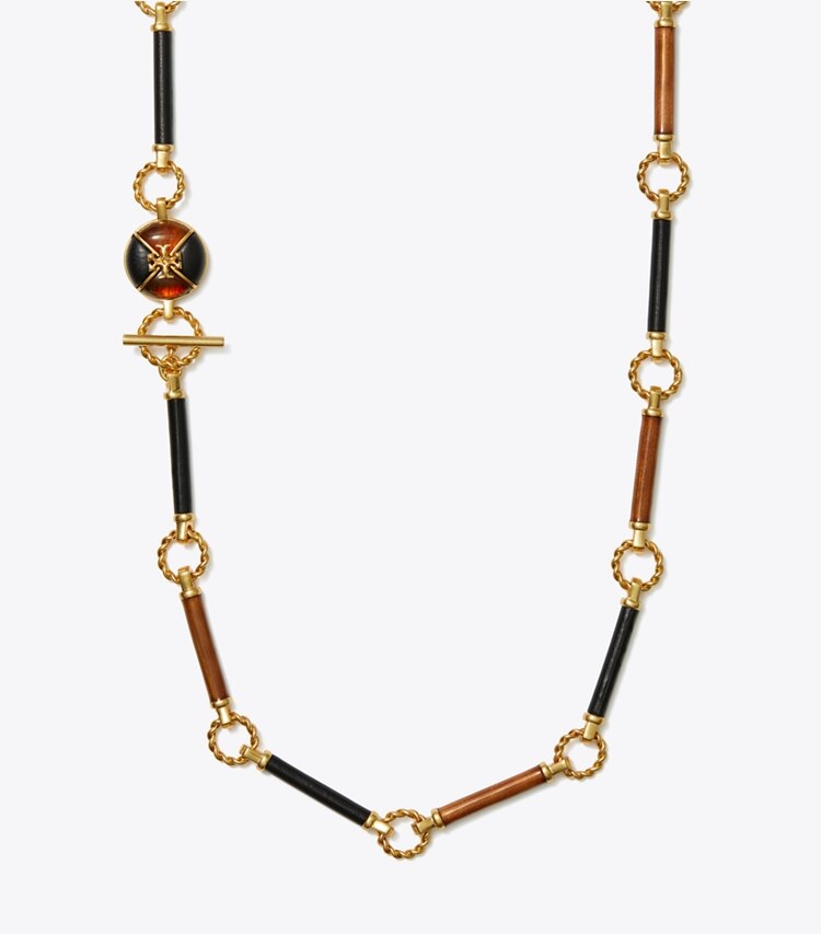 Tory Burch designer necklaces Kira Leather Long Necklace in Rolled Brass / Black / Moose front
