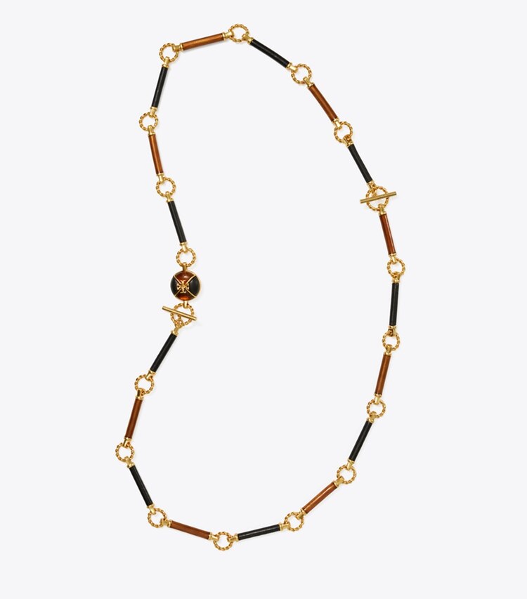 Tory Burch designer necklaces Kira Leather Long Necklace in Rolled Brass / Black / Moose overhead
