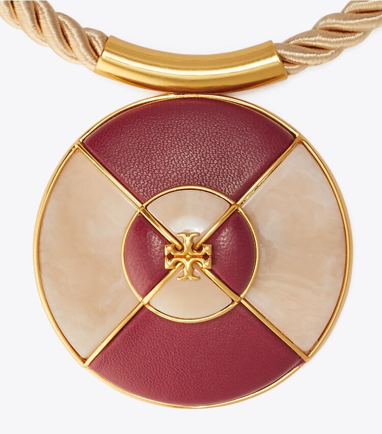 Tory Burch designer necklaces Kira Leather Pendant Necklace in Rolled Brass / Burgundy / Ivory detail