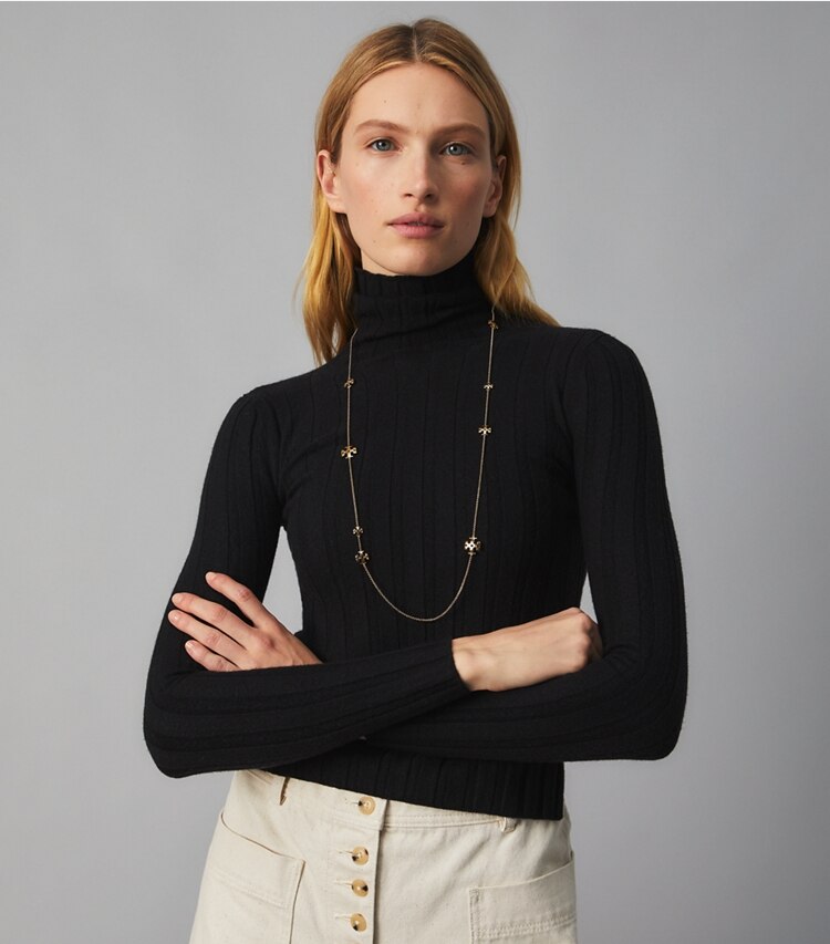Tory Burch designer necklaces Kira Long Necklace in Tory Gold accessory on model