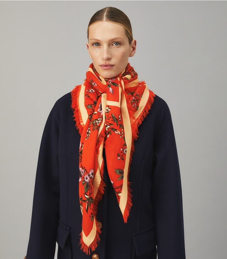 Tory Burch designer scarves Kira Lyonnaise Floral Wool Oversized Square Scarf in Brick accessory on model