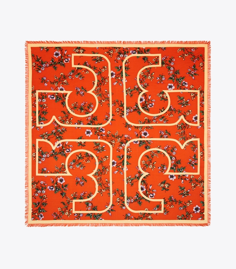 Tory Burch designer scarves Kira Lyonnaise Floral Wool Oversized Square Scarf in Brick overhead