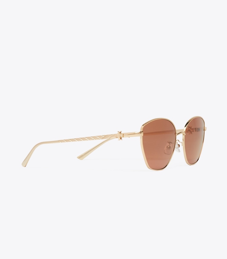 Tory Burch designer sunglasses & eyewear Kira Metal Cat-Eye Sunglasses in LIGHT ROSE GOLD/RED BROWN detail