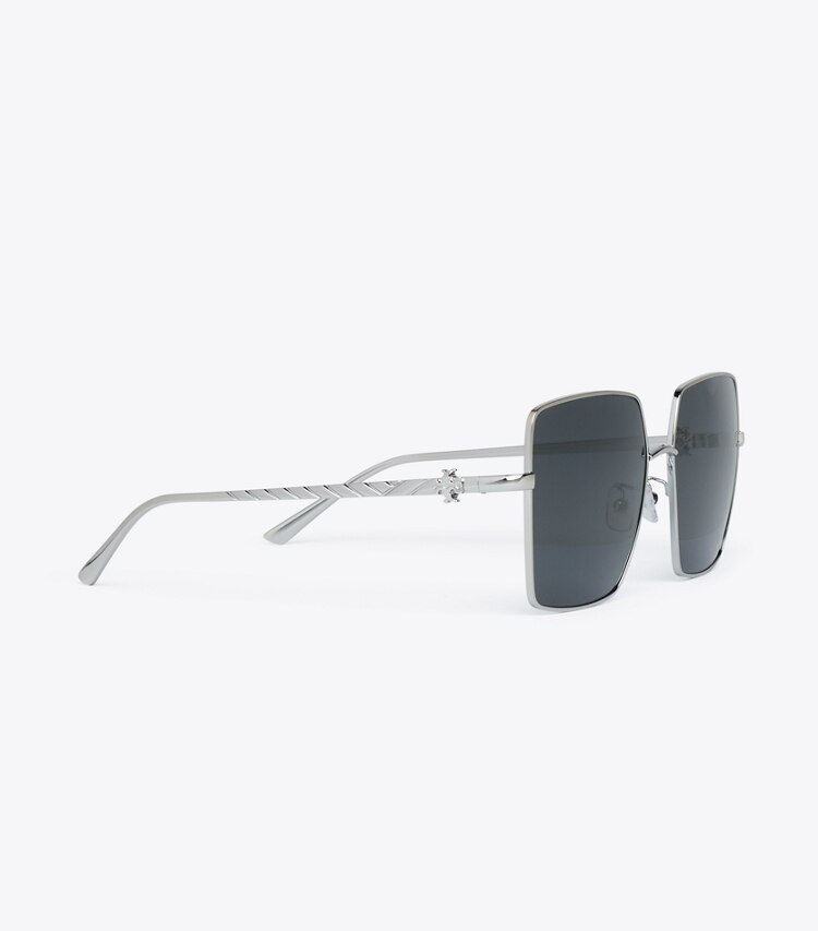 Tory Burch diseñador gafas de sol y anteojos Kira Metal Oversized Square Sunglasses en SILVER/GREY GRADIENT detalle