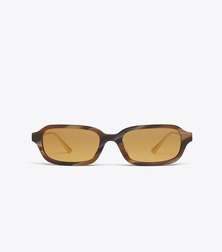 Tory Burch designer sunglasses & eyewear Kira Metal Rectangle Sunglasses in BROWN HORN/DARK YELLOW front