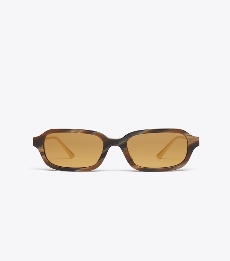 Tory Burch designer sunglasses & eyewear Kira Metal Rectangle Sunglasses in BROWN HORN/DARK YELLOW front
