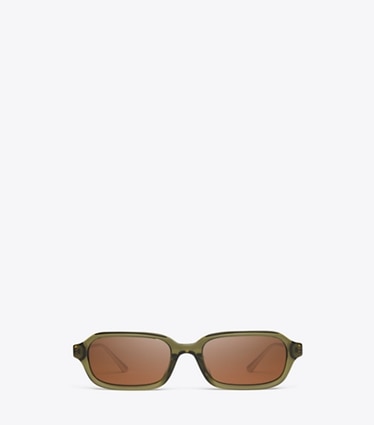 Tory Burch diseñador gafas de sol y gafas graduadas Kira Metal Rectangle Sunglasses en TRANSPARENT OLIVE/BROWN frente