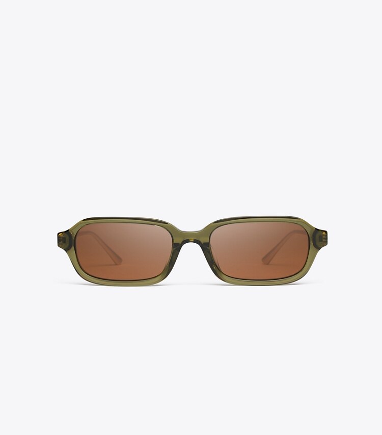 Tory Burch diseñador gafas de sol y anteojos Kira Metal Rectangle Sunglasses en TRANSPARENT OLIVE/BROWN frente