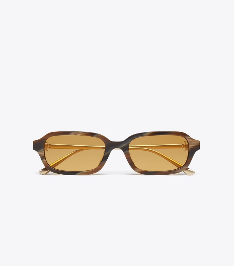 Tory Burch designer sunglasses & eyewear Kira Metal Rectangle Sunglasses in BROWN HORN/DARK YELLOW overhead