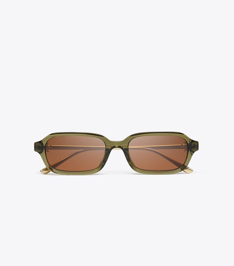 Tory Burch diseñador gafas de sol y anteojos Kira Metal Rectangle Sunglasses en TRANSPARENT OLIVE/BROWN vista superior