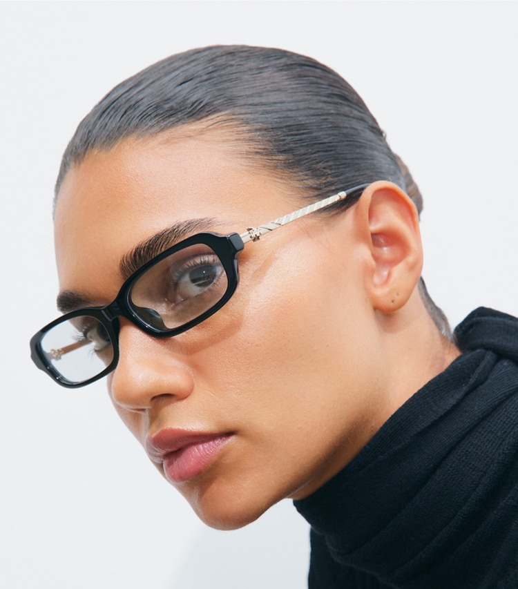 Tory Burch designer sunglasses & eyewear Kira Metal Slim Rectangle Eyeglasses in BLACK/SHINY LIGHT GOLD accessory on model