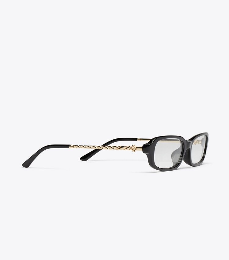 Tory Burch designer sunglasses & eyewear Kira Metal Slim Rectangle Eyeglasses in BLACK/SHINY LIGHT GOLD detail