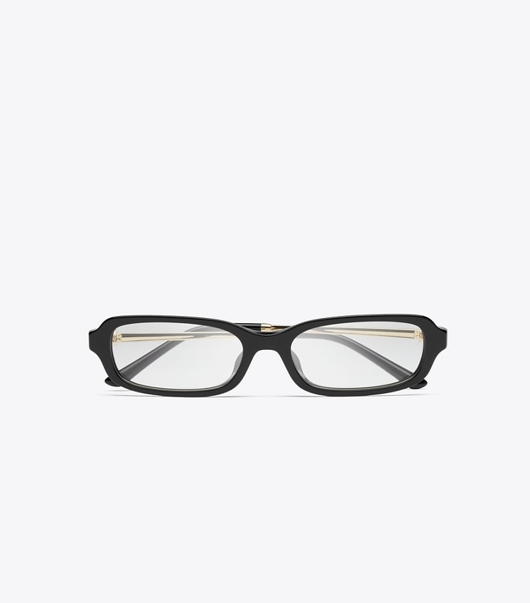 Tory Burch designer sunglasses & eyewear Kira Metal Slim Rectangle Eyeglasses in BLACK/SHINY LIGHT GOLD overhead