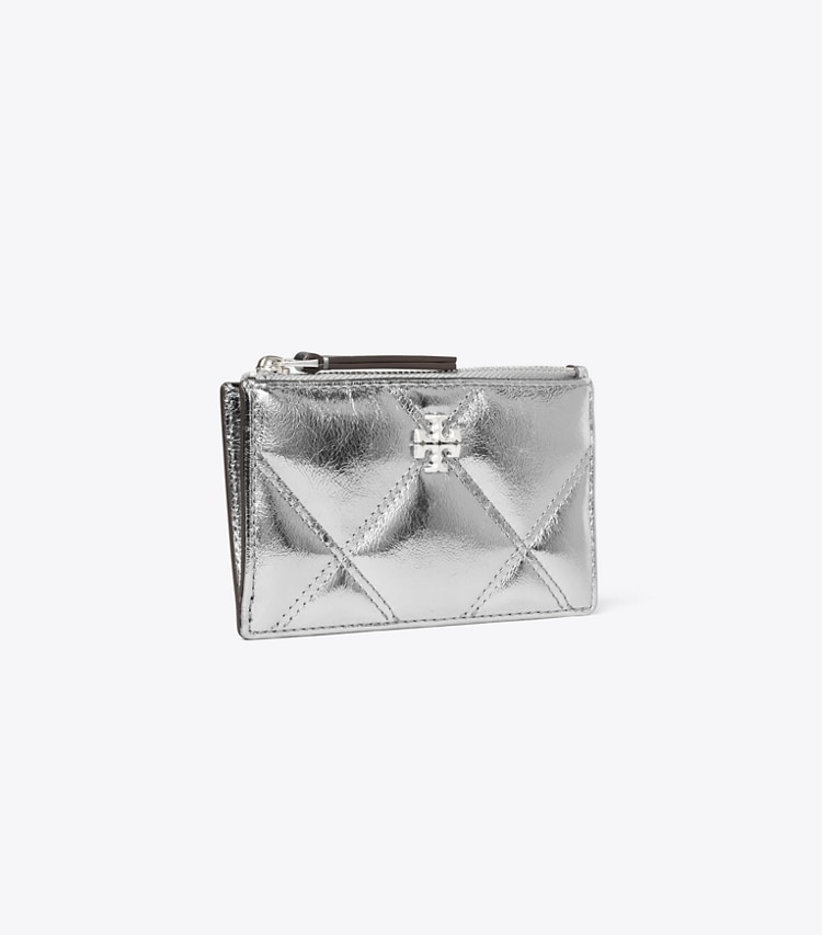 Tory Burch designer card cases Kira Metallic Diamond Quilt Zip Card Case in Silver angle