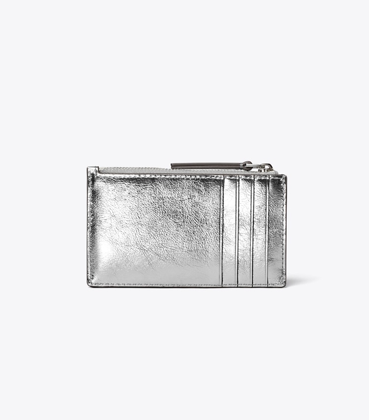 Tory Burch designer card cases Kira Metallic Diamond Quilt Zip Card Case in Silver back