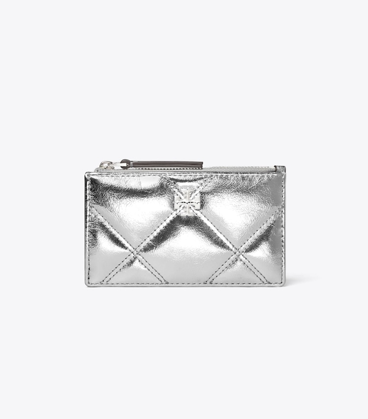 Tory Burch designer card cases Kira Metallic Diamond Quilt Zip Card Case in Silver front