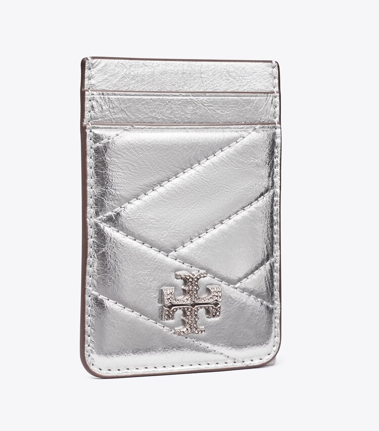 Tory Burch designer technische accessoires Kira Metallic Pavé Logo Card Pocket in Silver angle