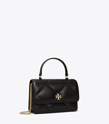 Tory Burch designer crossbody bags Kira Mini-Geldbörse mit Rautensteppung, Tragegriff oben und Kette in Black angle