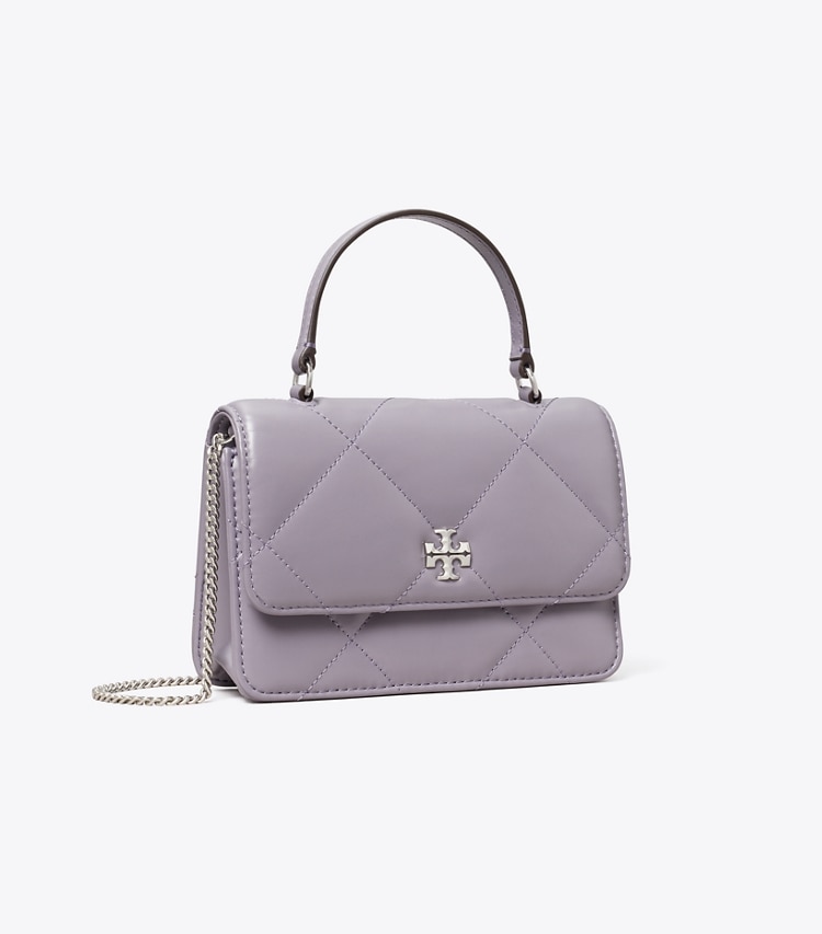 Tory Burch designer kleine taschen Kira Mini-Geldbörse mit Rautensteppung, Tragegriff oben und Kette in Lavender angle