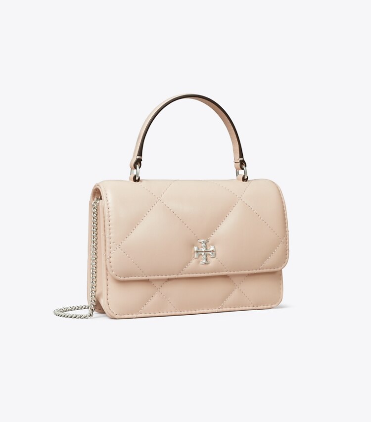 Tory Burch designer kleine taschen Kira Mini-Geldbörse mit Rautensteppung, Tragegriff oben und Kette in Soft Pink angle
