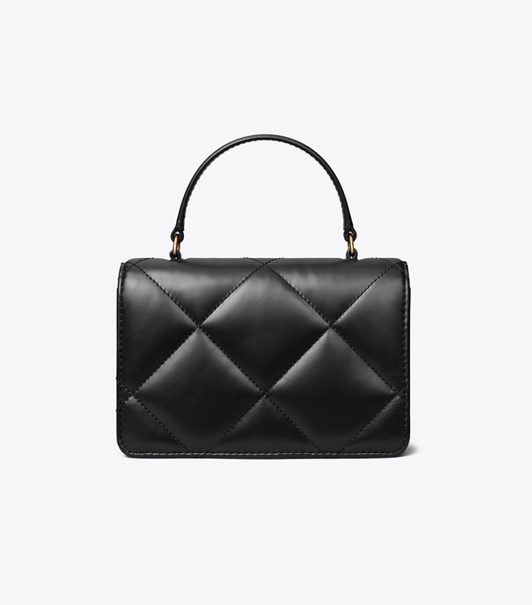 Tory Burch designer kleine taschen Kira Mini-Geldbörse mit Rautensteppung, Tragegriff oben und Kette in Black angle