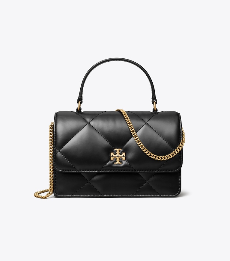 Tory Burch designer kleine taschen Kira Mini-Geldbörse mit Rautensteppung, Tragegriff oben und Kette in Black angle