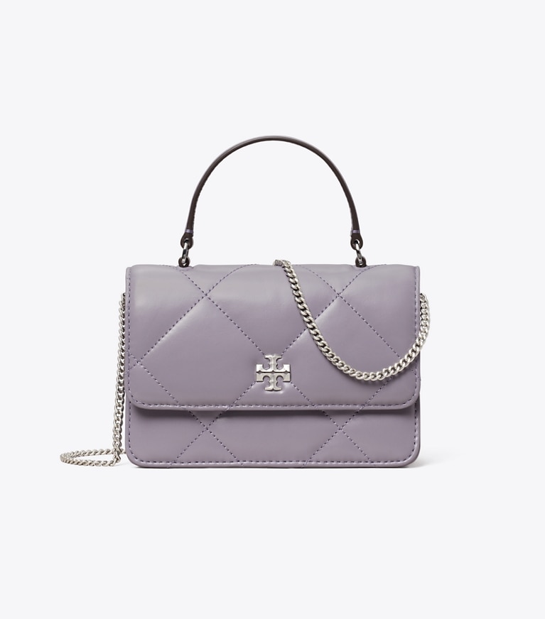 Tory Burch designer kleine taschen Kira Mini-Geldbörse mit Rautensteppung, Tragegriff oben und Kette in Lavender front