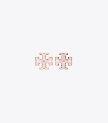 Tory Burch designer earrings Kira Mother of Pearl Stud Earring in Tory Gold / Pink front
