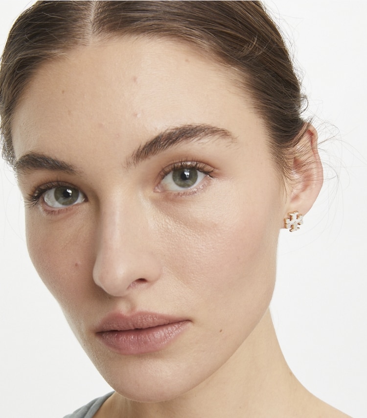 Tory Burch designer earrings Kira Mother of Pearl Stud Earrings in Tory Gold / Mother of Pearl accessory on model