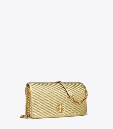 Tory Burch designer mini bags Kira Moto Quilt Metallic Crossbody in Gold angle