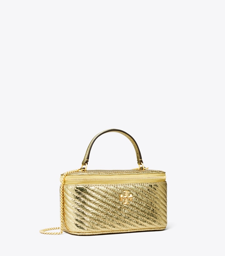 Tory Burch designer ミニバッグ キラ メタリック モトキルト ヴァニティケース in Gold angle