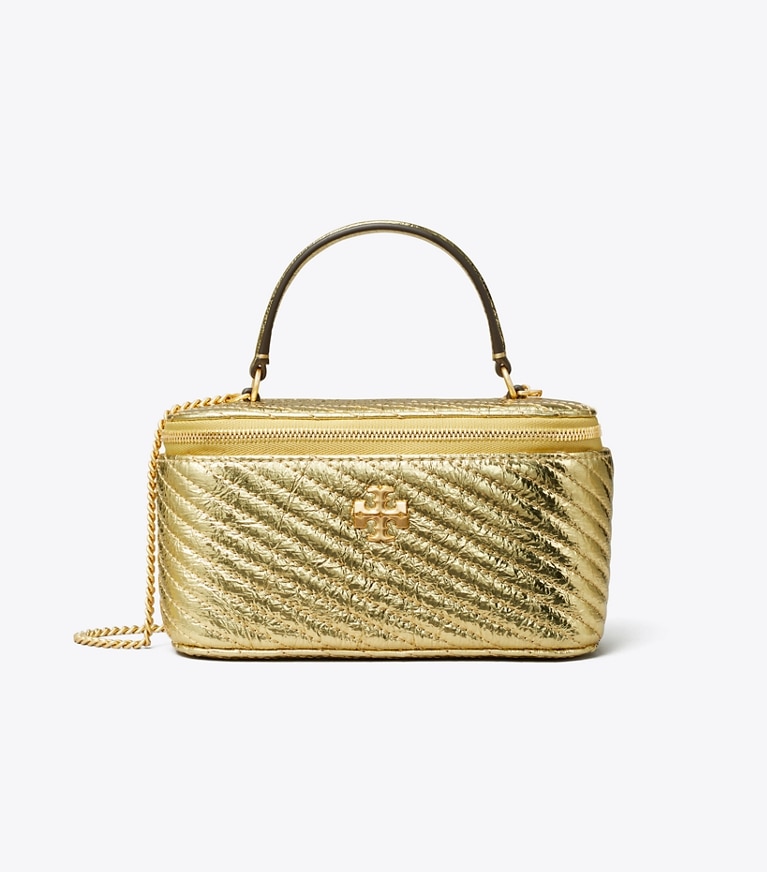 Tory Burch designer ミニバッグ キラ メタリック モトキルト ヴァニティケース in Gold angle