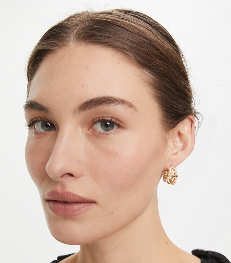 Tory Burch designer earrings Kira Multi Hoop Pearl Earring in Tory Gold / Pearl accessory on model