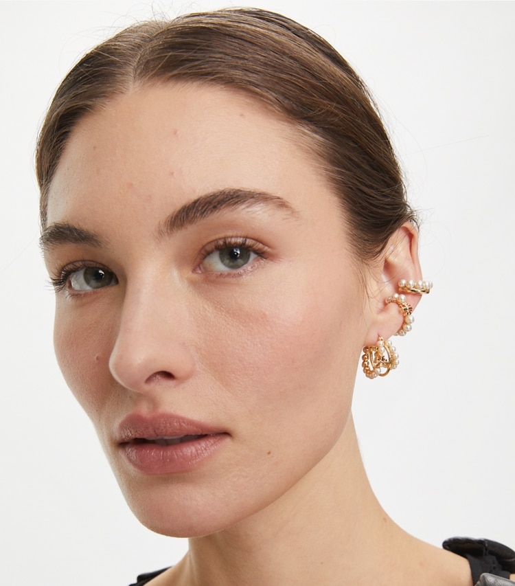 Tory Burch designer earrings Kira Multi Hoop Pearl Earring in Tory Gold / Pearl additional on model