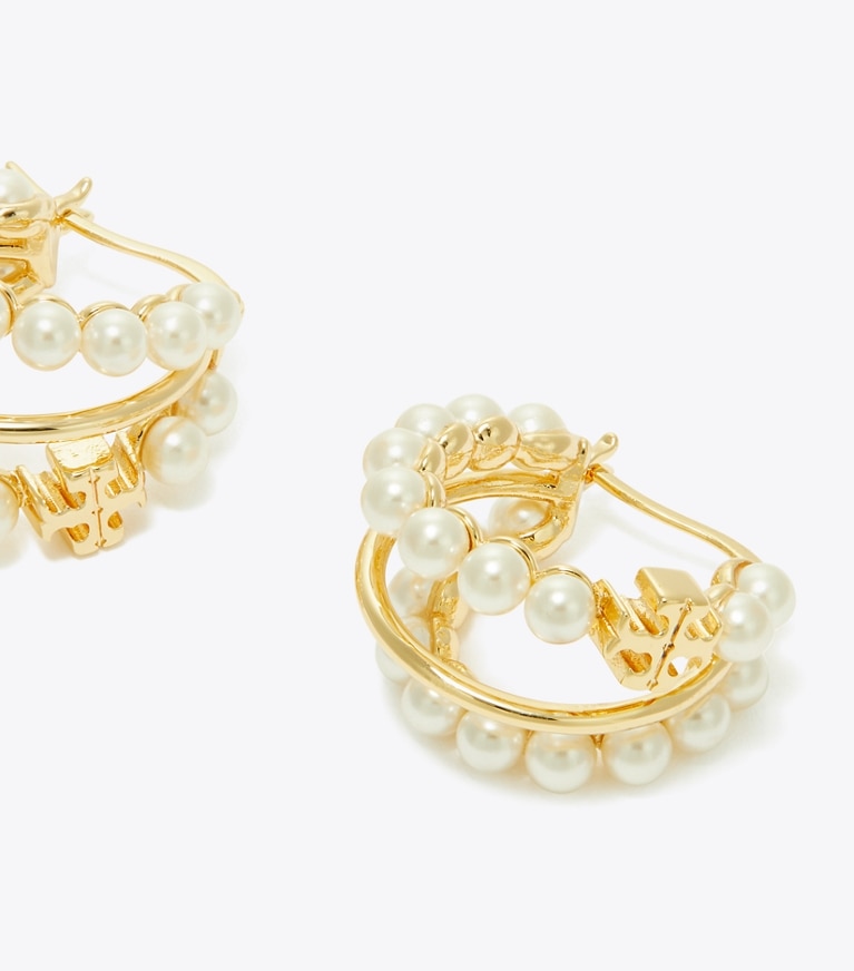 Tory Burch designer earrings Kira Multi Hoop Pearl Earring in Tory Gold / Pearl front