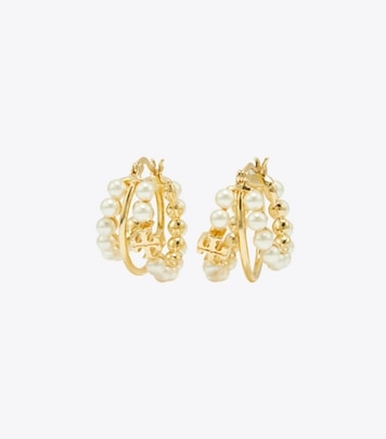 Tory Burch designer earrings Kira Multi Hoop Pearl Earring in Tory Gold / Pearl front