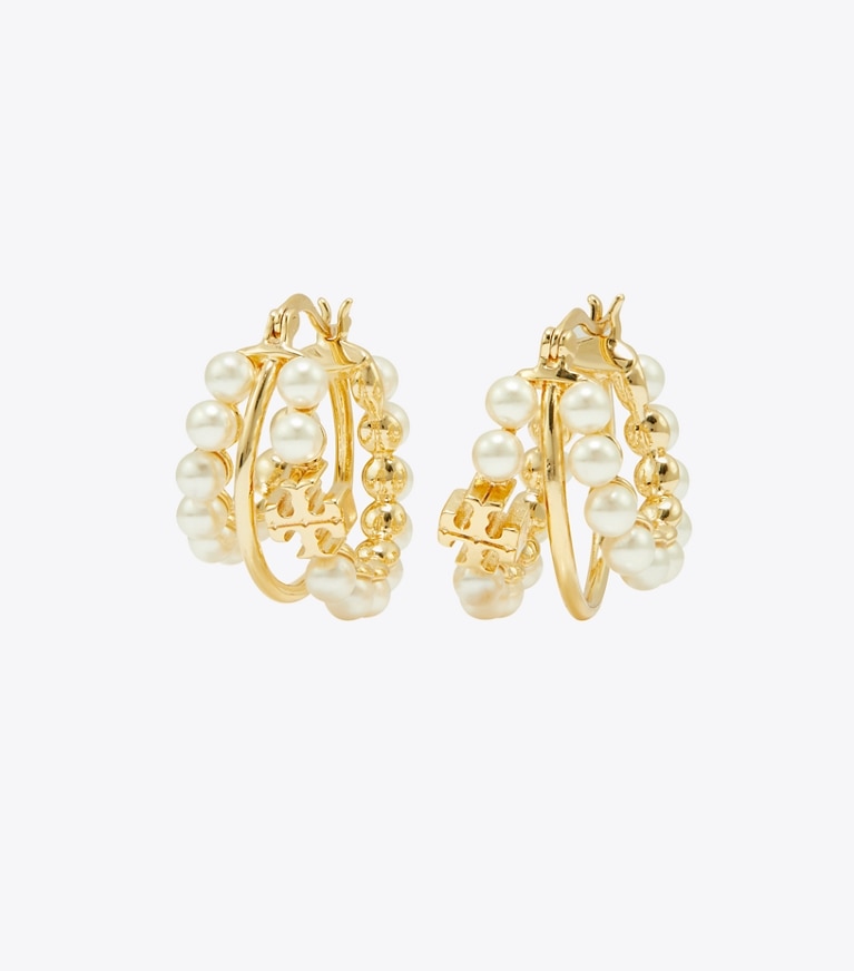 Tory Burch designer earrings Kira Multi Hoop Pearl Earring in Tory Gold / Pearl front