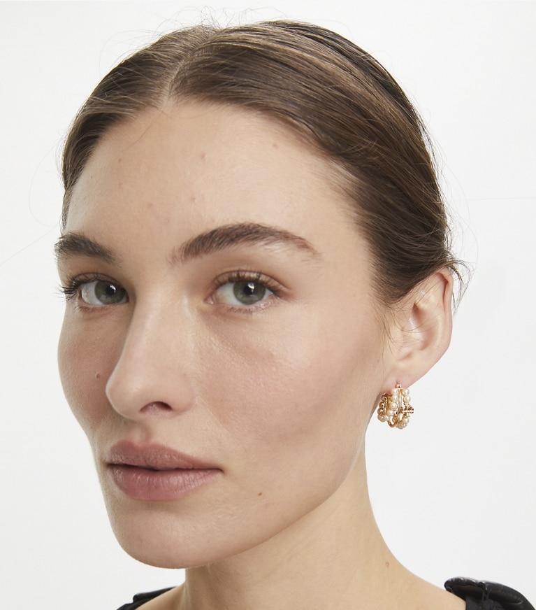 Tory Burch designer earrings Kira Multi Hoop Pearl Earrings in Tory Gold / Pearl front